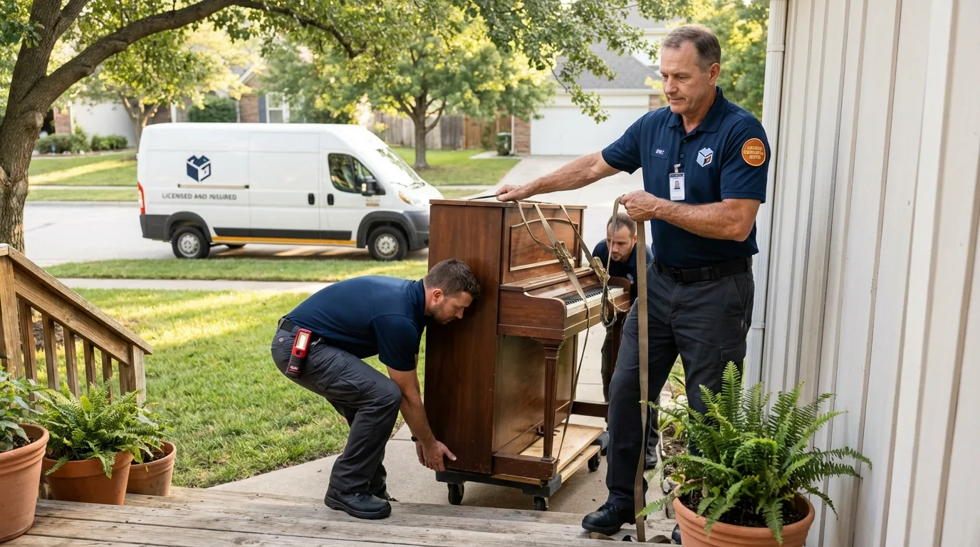 Licensed piano movers securing grand piano in Rochester, IN