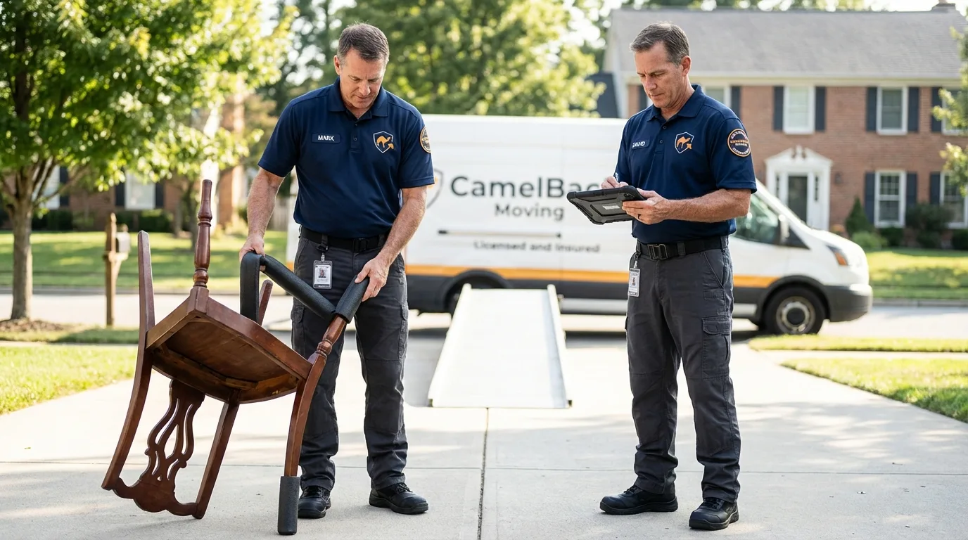 Movers inspecting furniture for damage prevention before loading in Rochester, IN