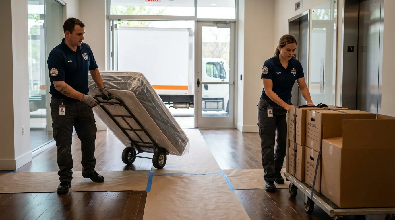 Professional apartment movers loading elevator in Rochester, IN